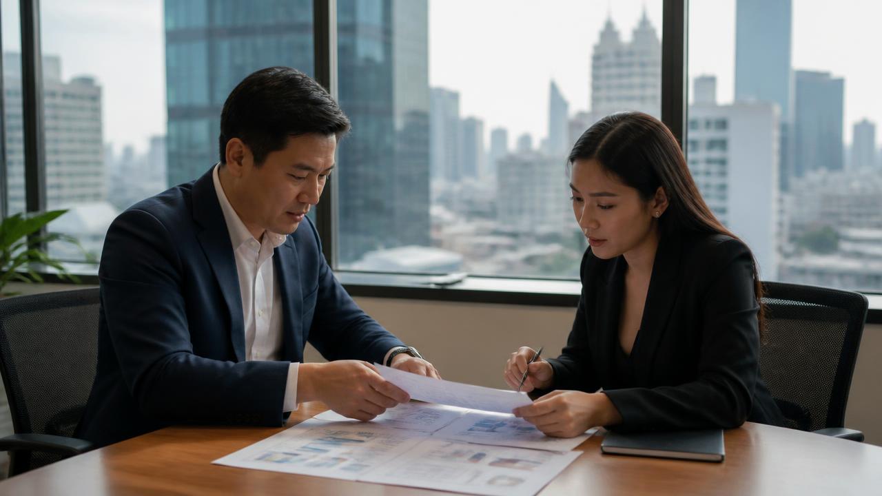 ผู้บริหารสองคนกำลังตรวจเอกสารนิติบุคคลบนโต๊ะประชุมในสำนักงานกลางกรุงเทพฯ