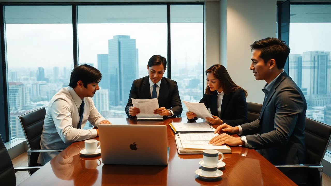 ทีมกฎหมายองค์กรประชุมตรวจแฟ้มเอกสารจดทะเบียนบริษัทในห้องประชุมกระจกวิวเมืองกรุงเทพฯ